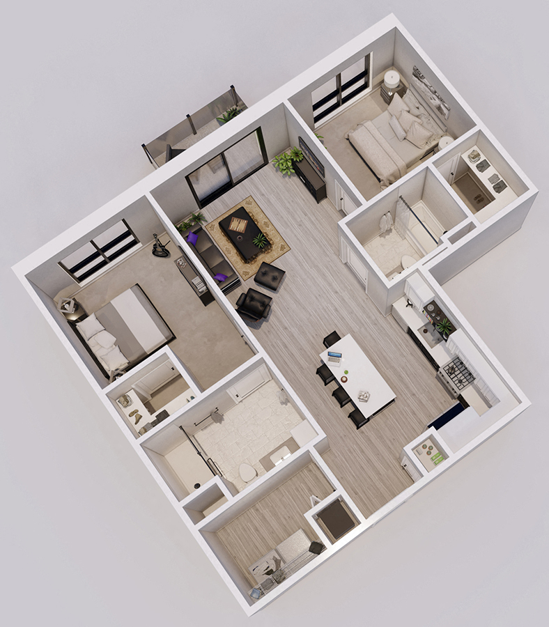 Floor plan for 2 beds, 2 baths, 902 sqft